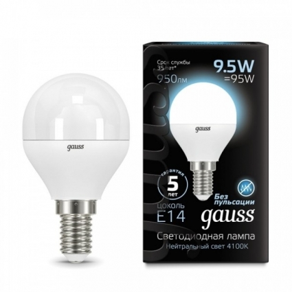 Gauss Лампа светодиодная E14 9.5W 4100K шар матовый 105101210 цвет белый