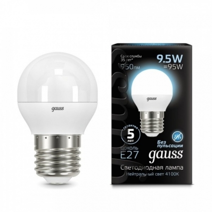 Gauss Лампа светодиодная E27 9.5W 4100K шар матовый 105102210 цвет белый