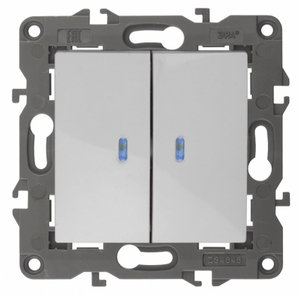 Выключатель двухклавишный с подсветкой ЭРА Elegance 10AX 250V 14-1105-01, в современном стиле, цвет белый