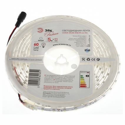 Светодиодная влагозащищенная лента ЭРА 4,8W/m 60LED/m 3528SMD холодный белый 5M LS3528-60LED-IP68-W-eco-5m, в современном стиле, цвет белый