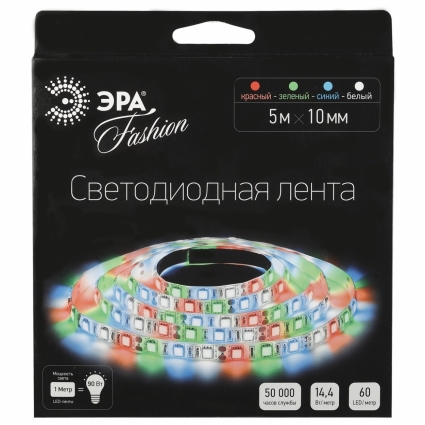 Светодиодная лента ЭРА 14,4W/m 60LED/m 5050SMD RGB 5M LS5050-60LED-IP20-RGB-W-5m, в современном стиле, цвет разноцветный