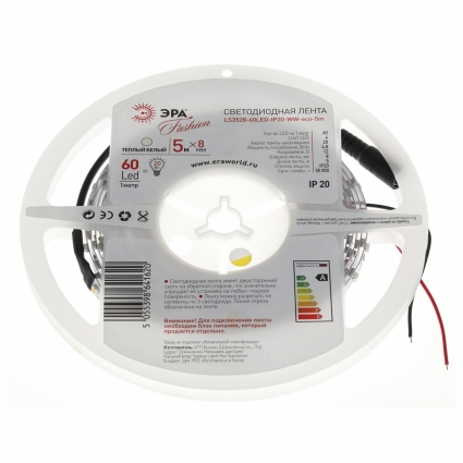 Светодиодная лента ЭРА 4,8W/m 60LED/m 3528SMD теплый белый 5M LS3528-60LED-IP20-WW-eco-5m, в современном стиле, цвет белый