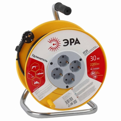 Удлинитель ЭРА RP-4-3x1-30m цвет черный, мощность 3500 Вт