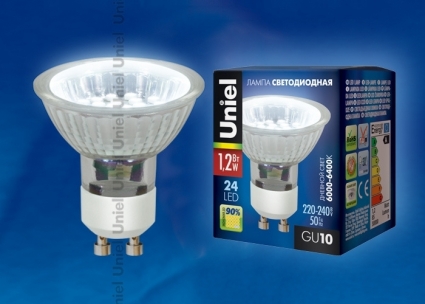 Лампа светодиодная (04008) Uniel GU10 1,2W 6000-6400K прозрачная LED-JCDR-SMD-1,2W/DW/GU10 85 Lm, мощность 1.2 Вт