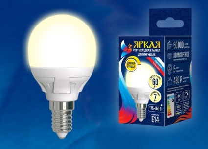 Лампа светодиодная диммируемая (UL-00004302) Uniel E14 7W 3000K матовая LED-G45 7W/3000K/E14/FR/DIM PLP01WH цвет белый