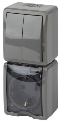 Блок розетка-выключатель двухклавишный ЭРА Эксперт IP54 16A 250V 11-7408-03 цвет серый