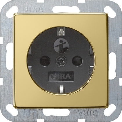 Розетка Gira System 55 Schuko с/з со шторками 16A 250V безвинтовой зажим латунь/черный 0453604 цвет латунь
