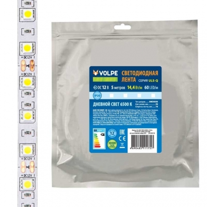 Светодиодная лента Volpe (UL-00004352) 14,4W/m 60LED/m 5050SMD холодный белый 5M ULS-Q221 5050-60LED/m-10mm-IP20-DC12V-14,4W/m-5M-6500K, цвет белый, мощность 72 Вт