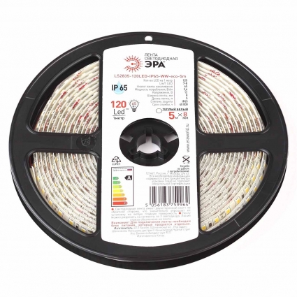 Светодиодная влагозащищенная лента ЭРА 9,6W/m 120LED/m 2835SMD теплый белый 5M LS2835-120LED-IP65-WW-eco-5m, мощность 48 Вт